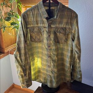 Prana Terrain Green Yellow Plaid Button Up Long Sleeve Shirt Men's Large